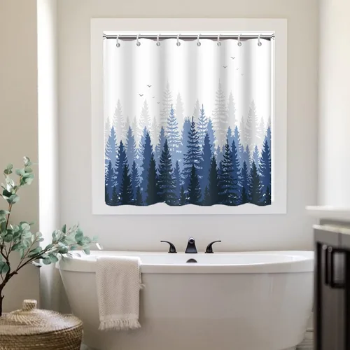 Miniatura 7 de Cortina de Ducha y Ventana, Cortina Verde y Gris de Bosque Pequeña y Corta Impermeable para Baño con Ganchos, 30x36 Pulgadas
