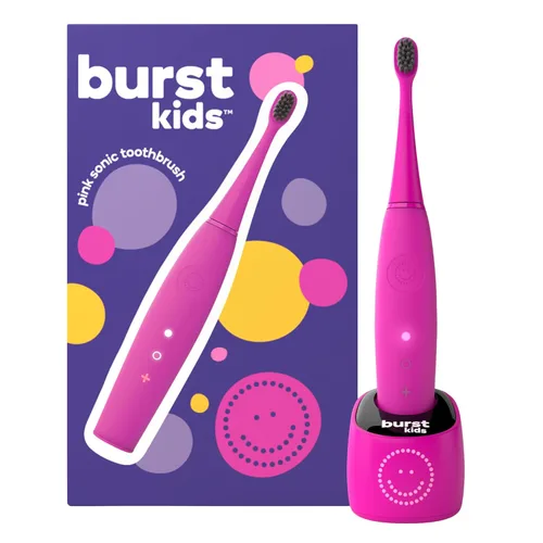 BURST Cepillo de dientes eléctrico para niños con cerdas negras de carbón suave, cabeza pequeña y agarre cómodo, temporizador integrado de 2 Rosa