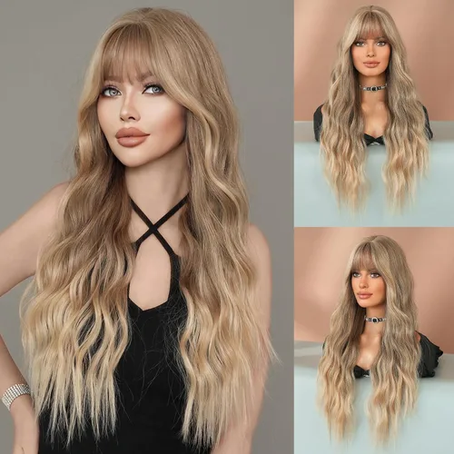 Miniatura 12 de 7JHH WIGS Pelucas de 24 pulgadas de largo, ondulado, color castaño oscuro, rubio, con raíces oscuras, rizado, afro, grande, flexible, esponjoso