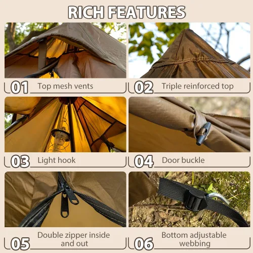 Miniatura 5 de Tienda Caliente con Conexión para Estufa y Faldón para Nieve, 6.89~8.53 pies de Altura Interior, 2~5 Personas, Tienda Tipi para Senderismo Familiar