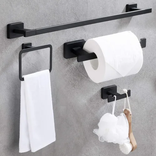 Juego de 4 accesorios de baño de piezas, juego de toalleros de acero inoxidable negro mate montado en la pared, incluye toallero de 16 pulgadas,