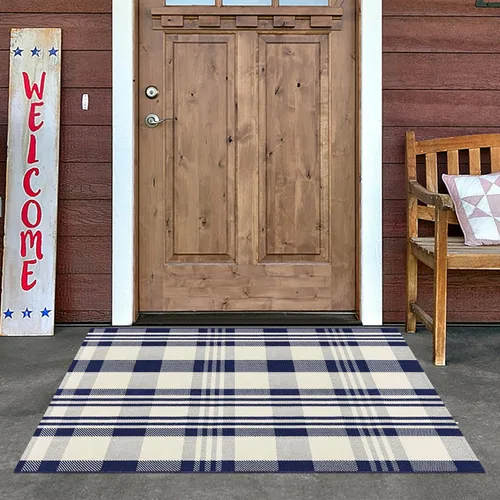 Miniatura 24 de Alfombra de Exterior de Cuadros Buffalo 2x3 pies, Alfombra Tejida de Algodón Negro y Blanco Roto, Tapetes para Puerta de Porche Frontal, Alfombra