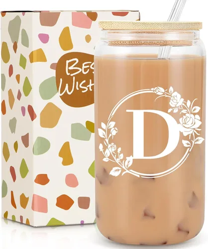 Miniatura 9 de Regalos de cumpleaños para mujeres, taza de vidrio personalizada con monograma de iniciales para mujeres, tazas de vidrio de 16oz con tapas