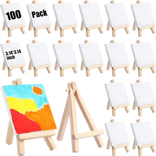 Fuutreo Juego de 200 piezas de mini lienzo y caballete, 100 mini lienzos estirados con 100 caballetes de madera para verter acrílico, pintura al