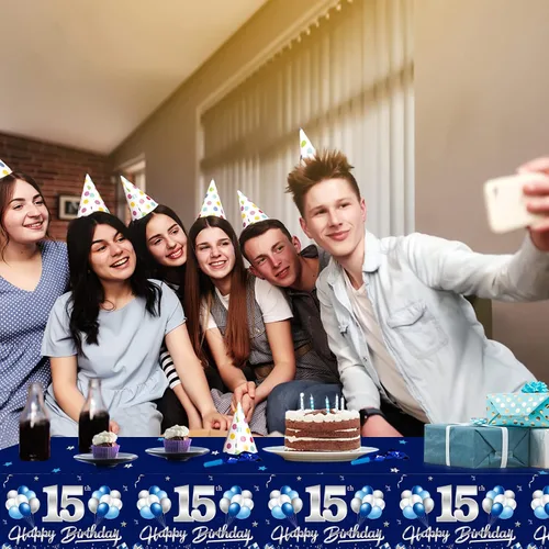 Miniatura 5 de Turypaty Paquete de 3 manteles decorativos de cumpleaños de 15 años de color azul marino para niños, manteles rectangulares desechables