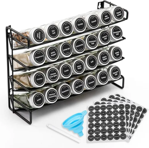 Juego organizador de especias de 4 niveles, montado en la pared o en la encimera, incluye 28 tarros de especias de vidrio, 386 etiquetas de