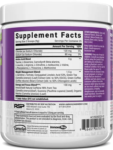 Miniatura 2 de RSP Vegan AminoLean – Completamente natural para antes del entrenamiento con BCAA Vegano, amino energía todo-en-uno, gestión de peso, recuperación
