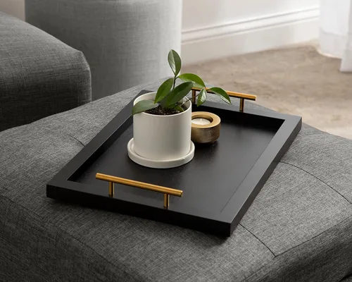 Miniatura 3 de Kate and Laurel Halsey Bandeja rectangular de madera decorativa con asas de metal pulido; 17 x 13; negro y dorado; moderna bandeja rectangular