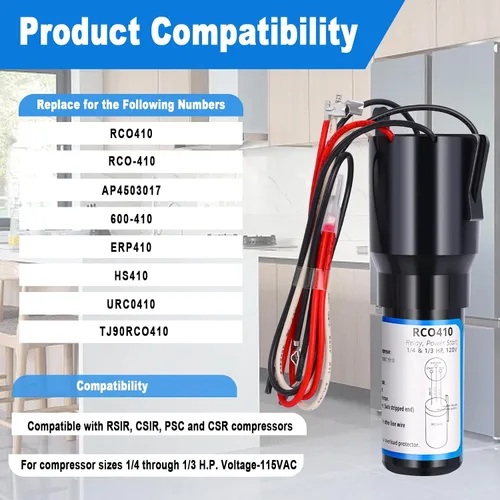 Miniatura 3 de RCO410 Kit de condensador de arranque duro 3 en 1, compatible con refrigeradores y congeladores, 1/4-1/3 H.P. 115VAC (1 unidad)