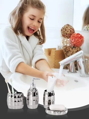 Miniatura 6 de Juego de accesorios de baño plateados, juego de accesorios de baño de cerámica de mosaico incluye dispensador de loción, vaso de soporte para Plata