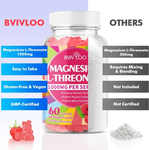 Miniatura 7 de Gomitas de magnesio L-treonato de 1000 mg para adultos, apoyo muscular y del sistema nervioso, vegano, sabor a frambuesa sin azúcar, 60 gomitas