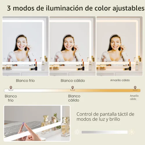 Miniatura 4 de Haewon Escritorio blanco con espejo y toma de corriente, tocador de maquillaje con brillo ajustable y 3 modos de iluminación, juego de tocador con 4