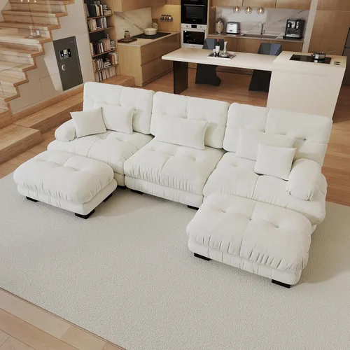 Miniatura 17 de Sofá modular de gran tamaño de 94 pulgadas, sofás seccionales grandes de color beige y blanco para sala de estar, juego de sofá de terciopelo, sofás