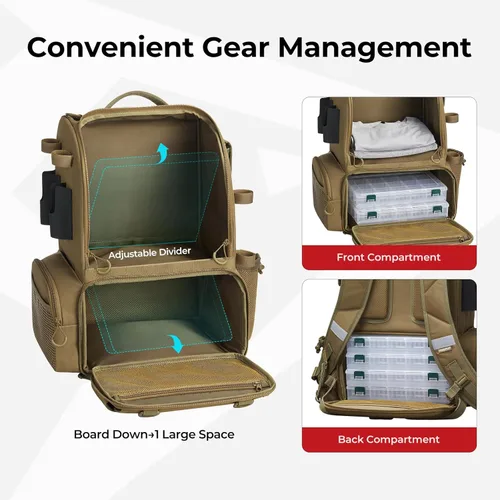 Miniatura 7 de Piscifun Mochila para equipo de pesca de 52L con soportes para cañas y 4 cajas de aparejos, bolsa grande de aparejos para almacenamiento