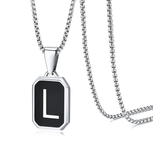 Hisatan Collar con inicial para hombres y mujeres, collares con colgante de letra A-Z, color negro, plateado, cuadrado, capital, para hombre, acero