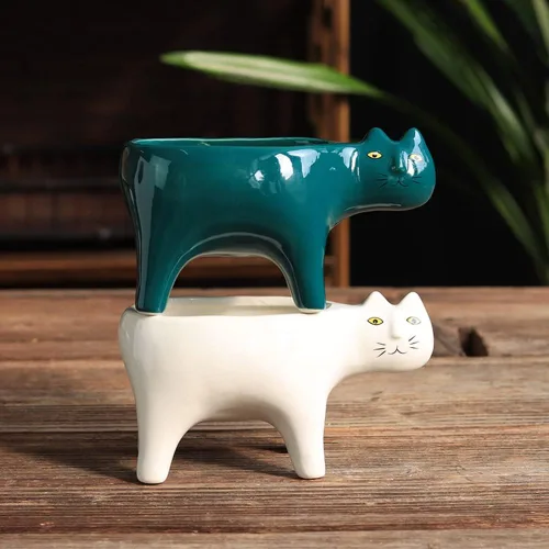 Miniatura 4 de 123Arts Maceta de cerámica con forma de gato, 2 piezas, maceta suculenta, adorno