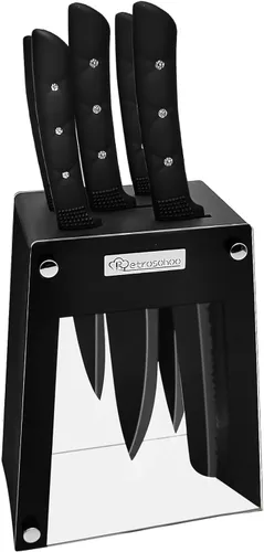 Juego de cuchillos de cocina, 6 piezas de acero inoxidable con soporte acrílico, juego de cuchillos de cocina antideslizantes con bloque, Negro