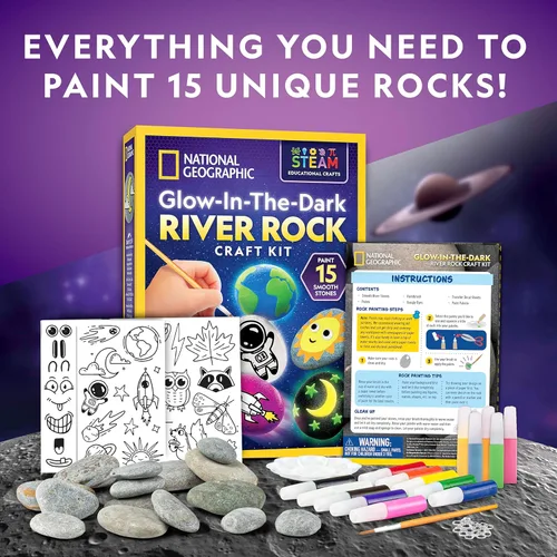 Miniatura 6 de NATIONAL GEOGRAPHIC - Kit de pintura de roca que brilla en la oscuridad, kit de arte y manualidades para niños, decora 15 rocas de río con 15