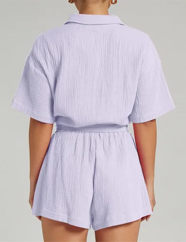 Miniatura 2 de Conjunto de 2 piezas para mujer, conjunto de ropa de descanso para vacaciones, camisa y pantalones cortos con botones