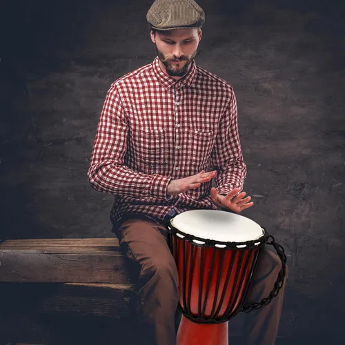 Miniatura 4 de ArtCreativity Set de tambor Djembe de madera de 16 pulgadas con baquetas, diseño de tambor africano de madera marrón rústico, instrumento musical