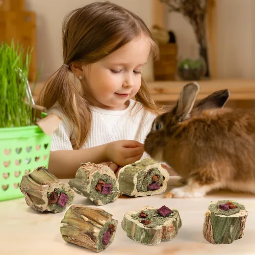 Miniatura 7 de Abizoo Juguetes masticables de conejo para conejo, madera de papaya natural, golosinas masticables con heno de alfalfa orgánica, zanahoria seca