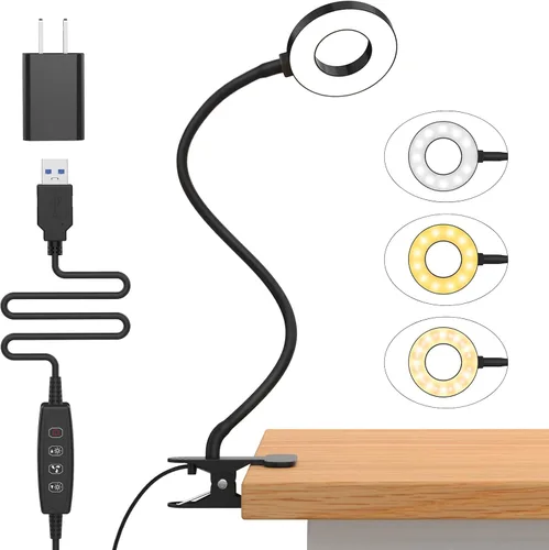 Lámpara de escritorio iZELL, [3 modos de color y 10 niveles de brillo] luz LED de lectura con abrazadera, brazo flexible de silicona para libros de