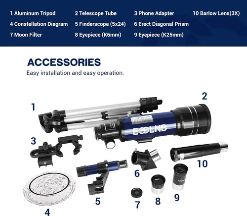 Miniatura 6 de ESSLNB - Telescopio para adultos, telescopio refractor de apertura de 70 mm (15X-180X) para principiantes de astronomía, telescopio portátil