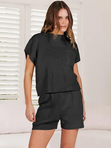 Miniatura 7 de ANRABESS Conjunto de dos piezas para mujer, suéter corto, suéter y pantalones cortos, conjunto de ropa de descanso