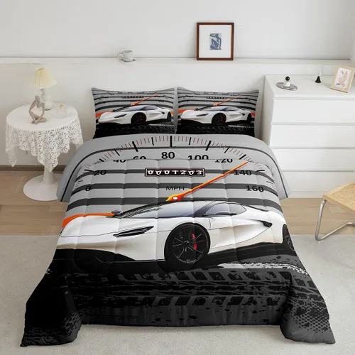 Miniatura 41 de Feelyou Juego de edredón azul de carreras para niños, juego de ropa de cama de coche deportivo para niños y niños, edredón deportivo geométrico a
