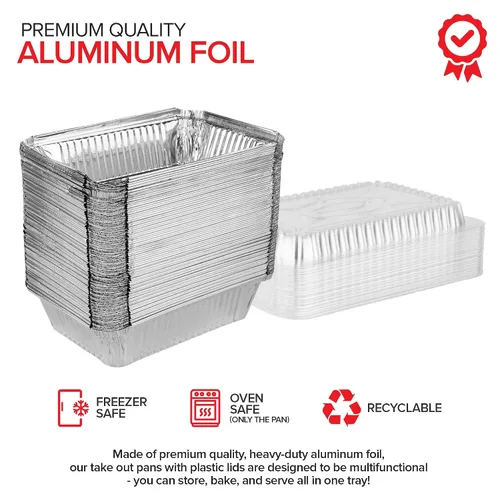 Miniatura 2 de Stock Your Home Sartenes pequeñas de aluminio de 2 libras con tapas (paquete de 100) con papel de aluminio y tapa de plástico transparente