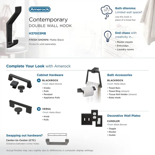 Miniatura 6 de Amerock H37003MB Gancho decorativo de doble punta para pared Emerge Gancho de pared mate negro para abrigos, sombreros, mochilas, bolsos Negro
