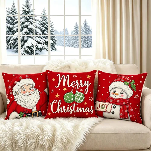 Miniatura 2 de Juego de 4 fundas de almohada rojas de 18 x 18 pulgadas, diseño de Papá Noel, muñeco de nieve, Feliz Navidad, para sofá, decoración de vacaciones