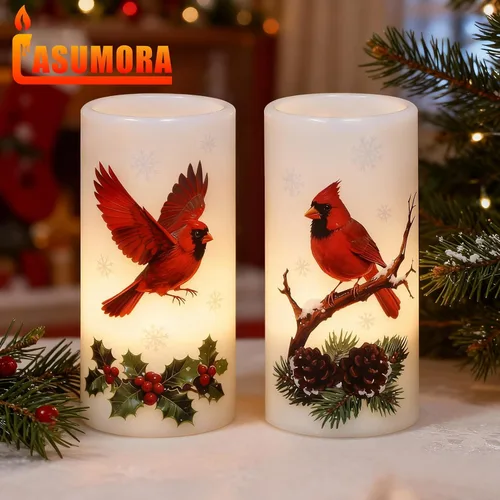 Miniatura 7 de Velas sin llama de cardenal de Navidad en pilar con control remoto y temporizador, velas LED en portavelas de cera real, vela operada por batería