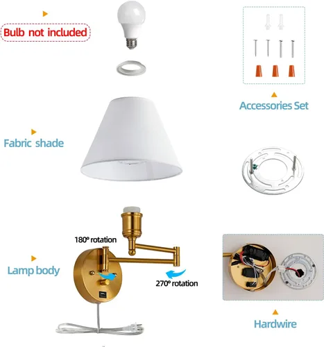 Miniatura 6 de Apliques de pared con brazo oscilante, lámpara de pared enchufable, lámpara de pared para dormitorio, pantalla de tela blanca, con interruptor Dorado