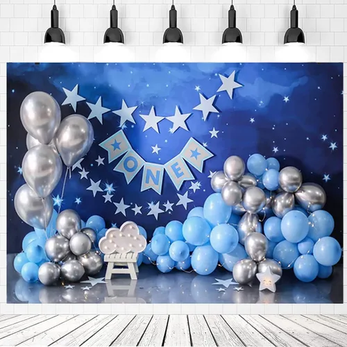 Miniatura 3 de Telón de fondo de 1er cumpleaños con globos azules y plateados, globos azules y plateados, fondo de fiesta de primer cumpleaños para niños recién