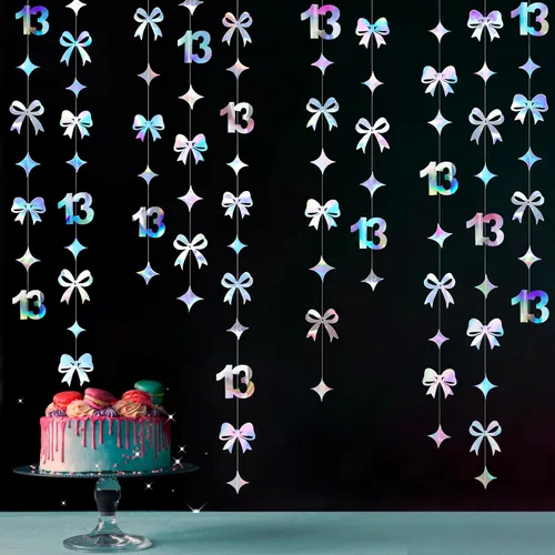 Miniatura 16 de Decoraciones Negras de Cumpleaños Número 13 Círculo Punto Estrella Centelleante Guirnalda Serpentina Colgante Metálica Banderín Banner Telón de Negro