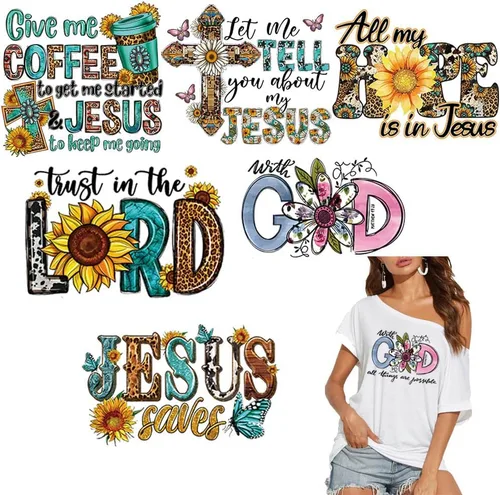 Miniatura 11 de 6 hojas de parches y calcomanías de transferencia de Jesús para planchar, decoraciones de prensa de calor, calcomanías de vinilo de transferencia