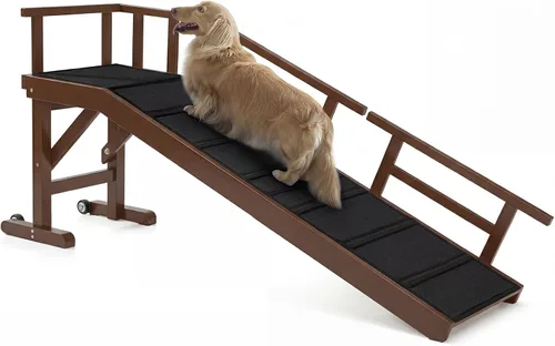 Miniatura 16 de Rampa para perros para cama o sofá, rampa de madera para mascotas con pendiente suave de 20°, rieles laterales extraíbles, superficie