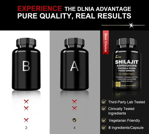 Miniatura 4 de DLNIA Shilajit 8 en 1 para hombres y mujeres con suplemento orgánico del Himalaya Ashwaganda con Rhodiola Rosea, ginseng, cúrcuma, hongos