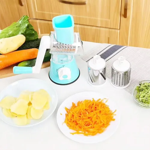 Miniatura 3 de Rallador rotativo de queso, 3 cuchillas de tambor, velocidad manual, redondo, rebanador de alimentos, molinillo de nueces con base de succión fuerte