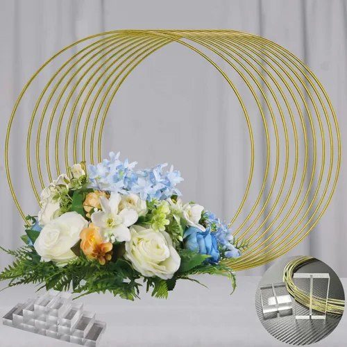 YALLOVE 10 piezas de centro de mesa de aro floral de 14 pulgadas, soporte de anillo de corona de metal dorado con base acrílica transparente para