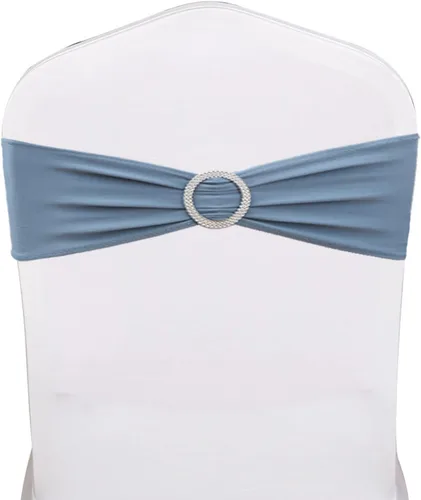 Miniatura 2 de Paquete de 50 unidades de cintas elásticas de elastano azul polvoriento para sillas, con moños, bandas de cubierta de silla elásticas, hebillas Azul