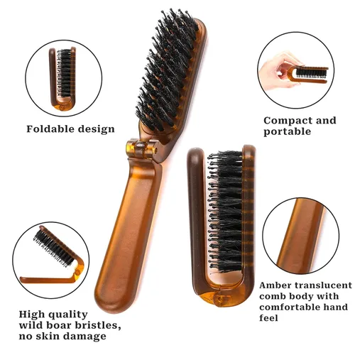 Miniatura 3 de Paquete de 2 cepillos plegables para el cabello, cepillo de tamaño de viaje con cerdas naturales de jabalí y pasadores de nailon, cepillo pequeño