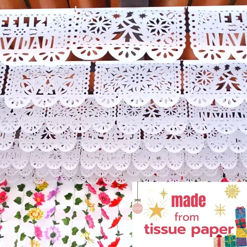 Miniatura 5 de Decoración de Feliz Navidad, papel picado mexicano blanco, paquete de 5 carteles de Feliz Navidad para fiesta de Navidad, hecho de papel de seda