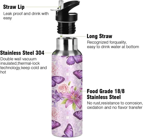 Miniatura 3 de Purple Butterflies Stainless Steel Water Bottle 20 Oz, BPA-Free Sports Water Bottle Leakproof Water Bottles