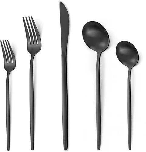 Juego de cubiertos de 40 piezas, color negro mate, juego de cubiertos de acero inoxidable para 8 personas, juego de utensilios de cocina con acabado
