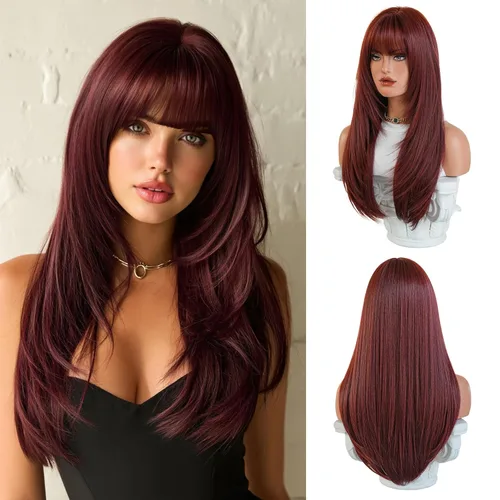 Miniatura 10 de PARK YUN 27IN Cool Ash Platinum Blonde Straight Wig with Bangs Long Layered Synthetic Wig Shadow Root Light Beige Blonde Hair Heat Resistant Natural