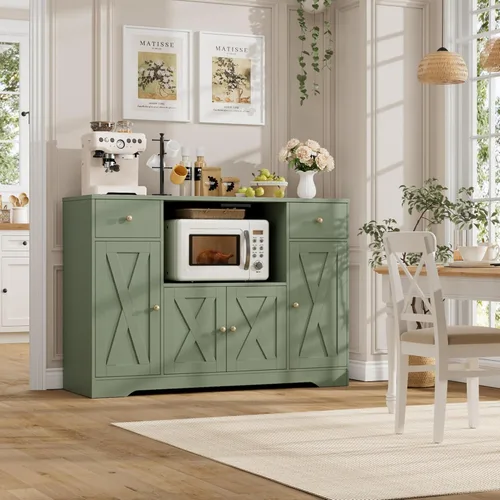 Miniatura 2 de HOSTACK Armario de microondas con estación de carga, armario de almacenamiento de cocina de 47 pulgadas de ancho con soporte para microondas, Verde