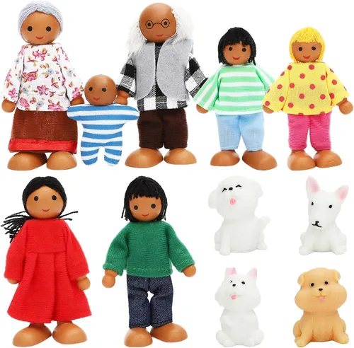 ONEST Juego de 11 piezas de casa de muñecas de madera con mini figuras de familia, muñecas de madera, accesorios de juego de simulación para casa de