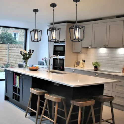 Miniatura 7 de SGLfarmty Luces colgantes negras para isla de cocina, 1 luz moderna de granja, jaula de metal ajustable, lámpara colgante con pantalla de vidrio